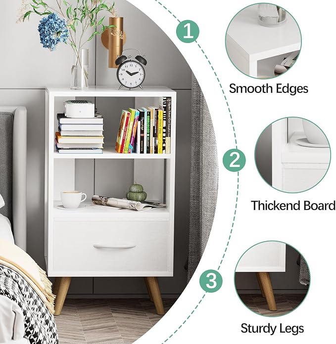 Aenuert Night Stand, White Nightstand with Drawer, Side Table with Open Storage, 3-Tier Modern End Table, Bedside Table for Small Space, Living Room, Bedroom