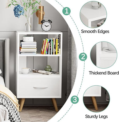 Aenuert Night Stand, White Nightstand with Drawer, Side Table with Open Storage, 3-Tier Modern End Table, Bedside Table for Small Space, Living Room, Bedroom