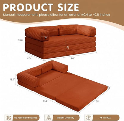 Convertible Sofa Bed Queen,5-in-1 Boneless Couch with Removable Armrests & Handle,Corduroy Futon Sleeper Sofa,Floor Folding Mattress Pull Out Bed for Small Space Apartment Living Room Bedroom,Orange