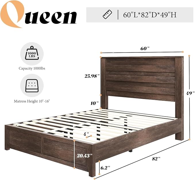 AMERLIFE 2-Piece Farmhouse Bedroom Set, Queen Size Bed Frame and 6 Drawer Dresser, Platform Bed with 49" Fluted Headboard, 54" Wide Wood Chest of Drawer for Bedroom, Grey