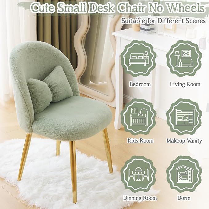 VINGLI Fluffy Girls Vanity Chair with Back & Pillow,Cute Small Cozy Desk Chair No Wheels,Comfy Makeup Ch with Ajustable Gold Legs,for Bedroom,Living Room,Small Space,Green