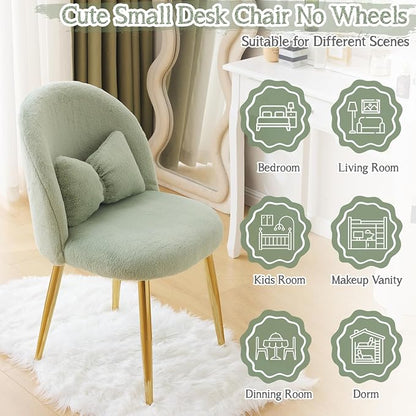 VINGLI Fluffy Girls Vanity Chair with Back & Pillow,Cute Small Cozy Desk Chair No Wheels,Comfy Makeup Ch with Ajustable Gold Legs,for Bedroom,Living Room,Small Space,Green