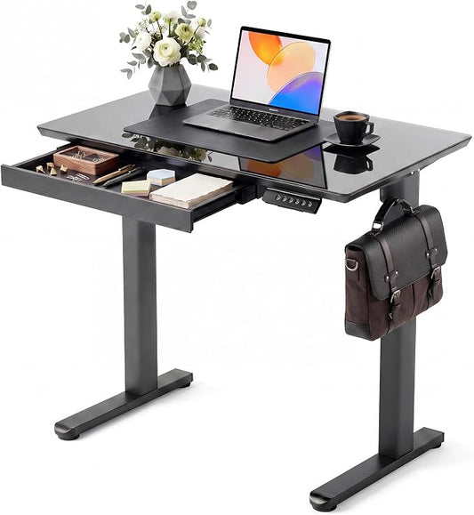 INNOVAR Glass Standing Desk with Drawers, 32×19 Inch Adjustable Stand Up Desk, Quick Install Home Office Computer Desk, Black