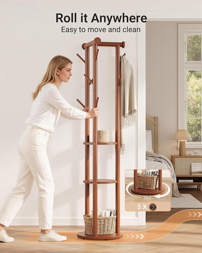 Pipishell Solid Wood Freestanding Coat Rack, Coat Tree with 5 Wheels, Wooden Coat Stand with 9 Hooks & 3-Tier Shelves for Entryway, Bedroom, Hallway, Living Room