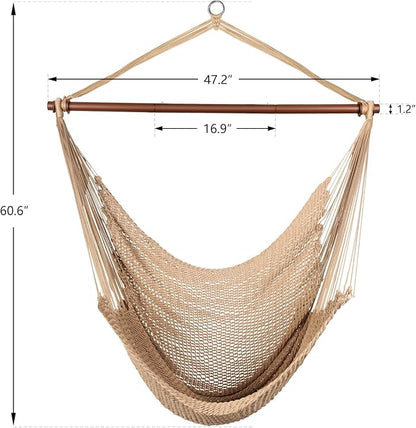 Upgraded Caribbean Hammock Chair with Detachable Metal Bar, Large Hammock Swing Chair, XL Rope Hanging Chair for Outdoor Indoor, 330 LBS Weight Capacity, Burlywood
