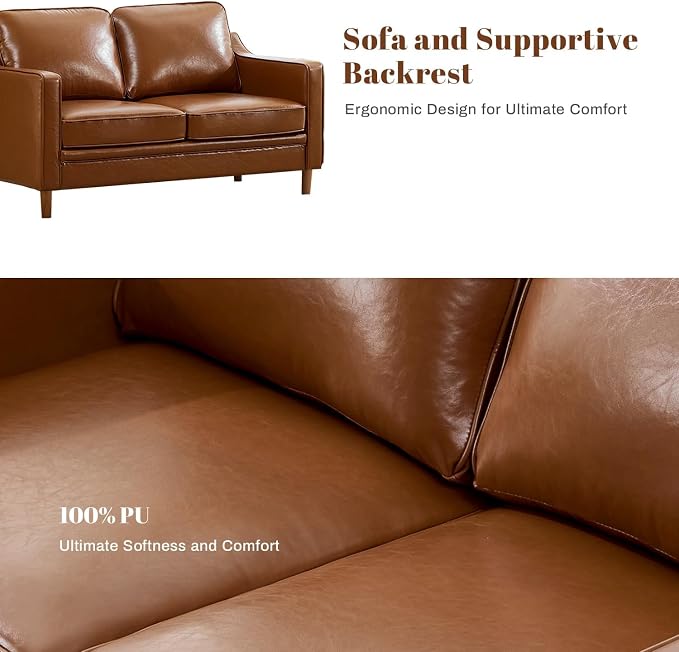 Kingfun 60" Faux Leather Sofa, Loveseat Couch, Mid Century Modern Love Seat Couches with Solid Wood Frame for Living Room Bedroom