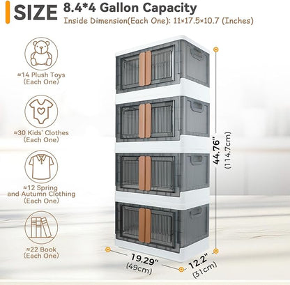 Storage Box, Plastic Cabinet, 8.4 Gallon (32L) Capacity (Each One), 4 Packs, Stackable Collapsible Drawer, with Door and Buckle, Organizer for Home and Office, Transparent