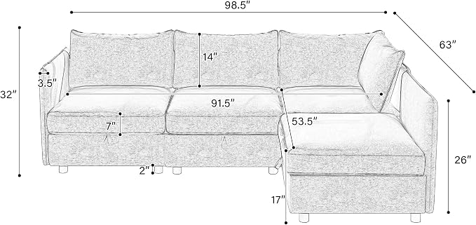 98.5-Inch L-Shaped 4 Seat Modular Sofa Deep Seat Storage Sectional Sofa Couch Free Combination with Storage Space, 4 Seat Chenille Upholstered L-Shaped Convertible Corner Couch for Home Apartment