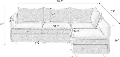 98.5-Inch L-Shaped 4 Seat Modular Sofa Deep Seat Storage Sectional Sofa Couch Free Combination with Storage Space, 4 Seat Chenille Upholstered L-Shaped Convertible Corner Couch for Home Apartment