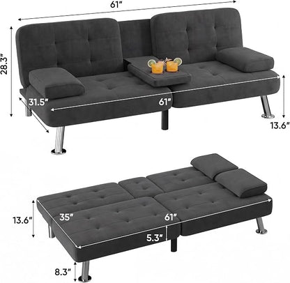 Flamaker Futon Sofa Bed Modern Folding Futon Set Linen Fabric Convertible Recliner Lounge for Living Room with 2 Cup Holders, Removable Armrests (Fabric, Carbon Black)