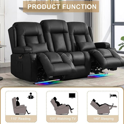 URRED Power Loveseat Recliner Sofa with Massage and Heat, Wall Hugger Reclining Loveseat with Console, RV Couch Home Theater Seating with LED Lights for Living Room (Black, 76.8" - 3 Seats)