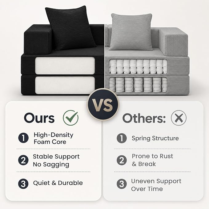 COMAX Futon Sofa Bed, Convertible Sofa Bed, Folding Boneless Couches | Boneless Couch for living room, 4‑in‑1 Fold Out Small Foldable Loveseat Floor Sleeper Mattress Lounge Space‑Saving, Black