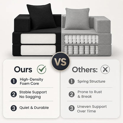 COMAX Futon Sofa Bed, Convertible Sofa Bed, Folding Boneless Couches | Boneless Couch for living room, 4‑in‑1 Fold Out Small Foldable Loveseat Floor Sleeper Mattress Lounge Space‑Saving, Black