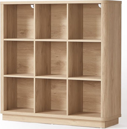 Joaxswe 9 Cube Storage Book Shelf, 41" Tall Organizer Bookshelf with Curved Edge, Modern Floor Standing 3-Tier Cubby Bookcase with Base, Wood Display Book Case for Living Room, Home Office,Natural Oak
