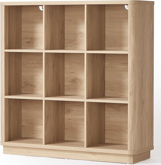 Joaxswe 9 Cube Storage Book Shelf, 41" Tall Organizer Bookshelf with Curved Edge, Modern Floor Standing 3-Tier Cubby Bookcase with Base, Wood Display Book Case for Living Room, Home Office,Natural Oak