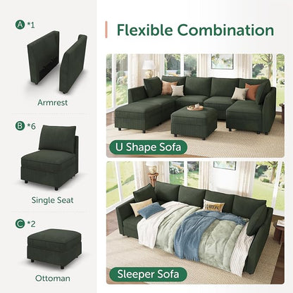 HONBAY Modular Sofa Sectional Sleeper Couch with Storage Seat Reversible Sectional Sleeper Couch Modular Sofa - Green