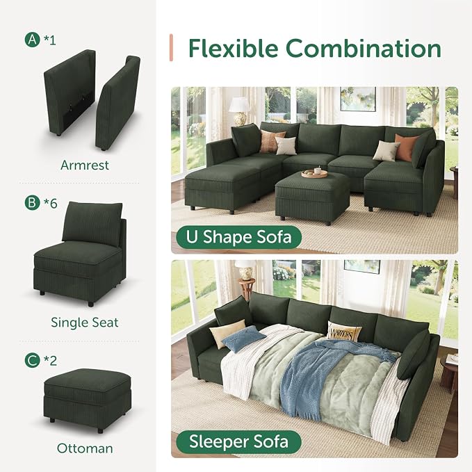 HONBAY Modular Sectional Sofa Couch with Storage, Modern U Shaped Sectional Sofa, Convertible Couches for Living Room - Green