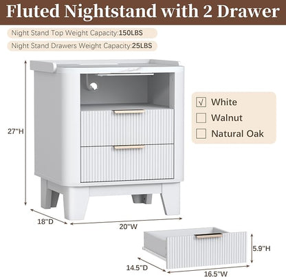Baoz White Fluted Nightstand with Charging Station & 2 Drawers for Bedroom | 20" Wide Mid Century Modern Bedside Table Wood Faux Marble Top Curved Profile Design 27in Tall LED Night Stand