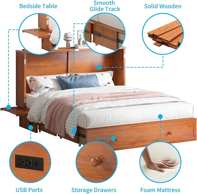 PUREMIND Murphy Bed with Mattress Included, Queen Murphy Bed Cabinet with Storage Drawer and Bedside Panel, Built-in Charging Station, Solid Wood Space-Saving Wallbed Hideaway Beds for Guest Room