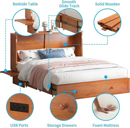 PUREMIND Queen Murphy Bed with Mattress Included, Murphy Cabinet Bed with Storage Drawer, Built-in Charging Station, Solid Wood Frame, Space-Saving Cabinet Beds for Small Spaces/Guest Room (Cherry)