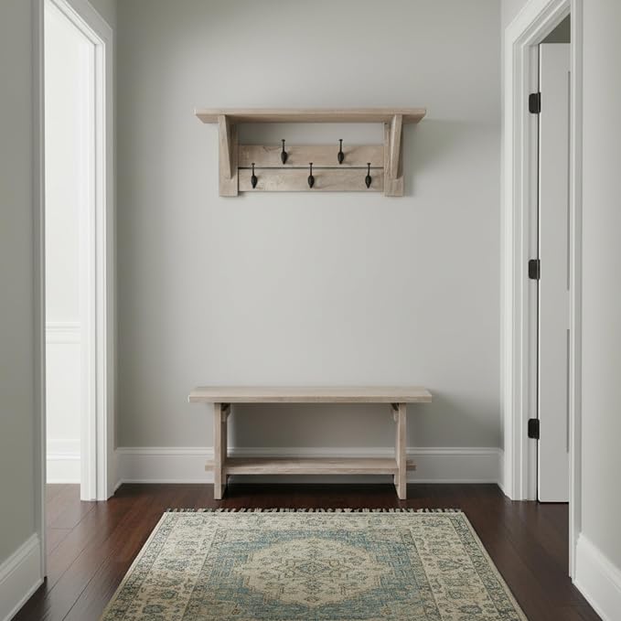 Alaterre Furniture Bethel Wall Mounted Coat Rack & Bench Set – Rustic 40-Inch Entryway Organizer with 5 Coat Hooks, Solid Wood Seat & Storage Shelves for Mudroom or Foyer (Driftwood Finish)