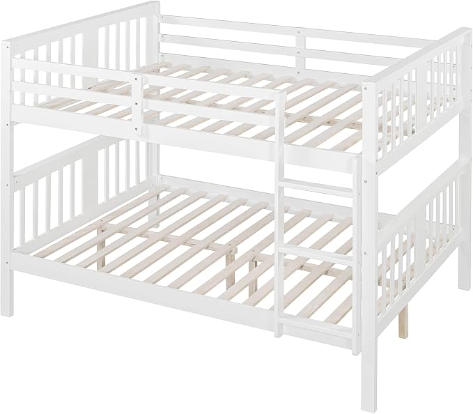 Merax Full Over Full Bunk Bed Convertible to Two Separate Beds, Solid Pine Wood Frame with Safety Guardrail & Headboard/Footboard, Sturdy Durable Design, for Teens, No Box Spring Needed, White