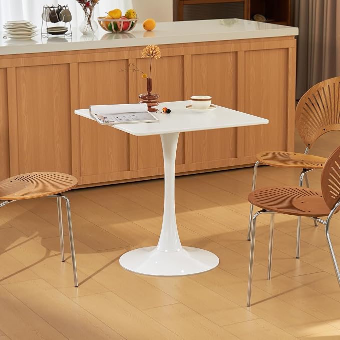 Square Dining Table, 27.6" Tulip Table with Thickened Tabletop & Metal Pedestal, Mid Century Modern Bistro Table for Kitchen, Small Places, Living Room, Cafe (White)