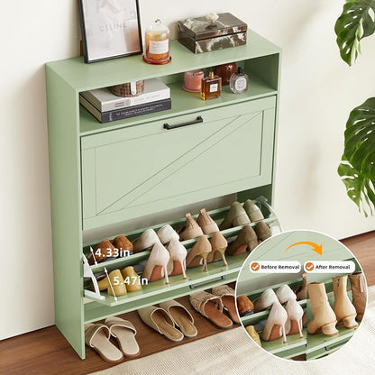 RWYHG Shoe Cabinet Storage for Entryway with 2 Flip Drawers Open Storage Layer Rack Narrow Organizer Slim Hidden Wood Shoe Cabinet Furniture Green