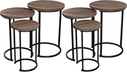 Lavish Home Nesting Tables - Set of 6 Round Side Tables with Woodgrain-Look Tops and Black Metal Frames – Modern Accent & End Table Set for Living Room, Bedroom, or Home Office (Gray/Brown)