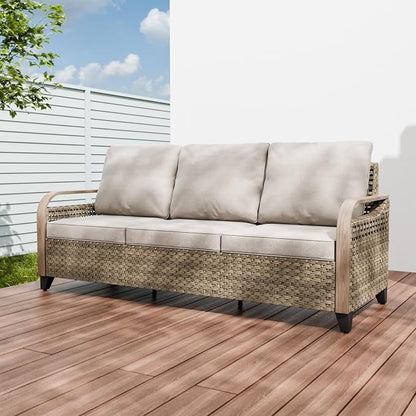 Modern Wicker Patio Sofa, Rattan Outdoor Couch for Small Balcony, 3 Seat Couch Furniture Set for Garden Deck Backyard, Brown/Gray