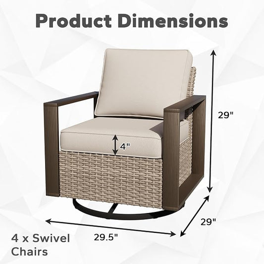 Joyside Outdoor Patio Swivel Rocker Chairs Set, 4 Pieces Wicker Rattan Chairs with Metal Wide Armrest, Thick Cushions and Deep Seating for Garden, Backyard, Porch, Deck