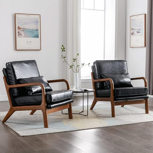 Mid Century Modern Accent Chairs Set of 2 Living Room- Comfy Wood Arm Chair with Lumber Pillow Lounge Decorative Black Faux Leather Office Side Chair for Bedroom Reading Waiting Room Easy Assembly