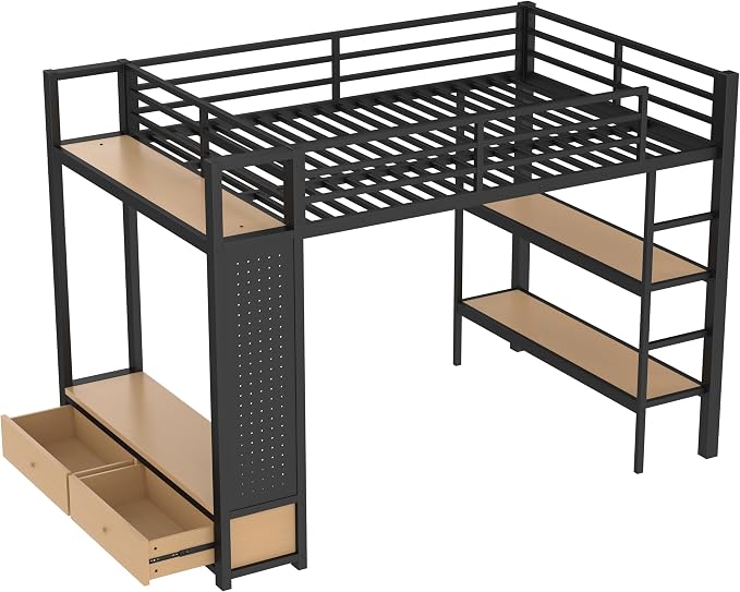 Bellemave Full Size loft Bed with Wardrobe and Storage Shelves and Pegboard Drawers, Metal Full Loft Bed Frame for Adults, Kids, Teens, Black