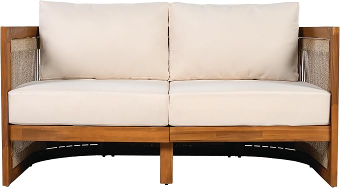 Christopher Knight Home Nesbit 8-Seater Patio Furniture Set with Removable Cushion, 8 Piece Outdoor Acacia Wood Conversation Set, Wooden Outdoor Sectional Sofa Set with Coffee Table, Beige