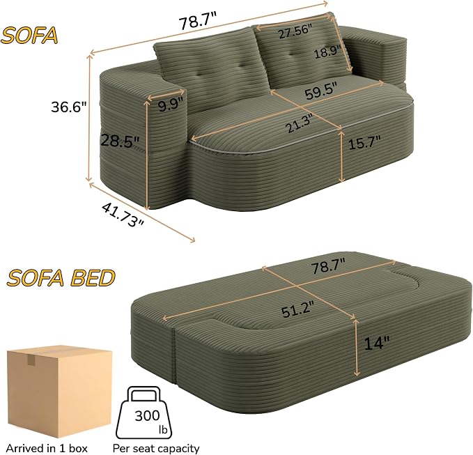 78.7" Futon Sofa Bed, 2-in-1 Foldable Sleeper Sofa, Convertible Floor Couch with Pillows, Corduroy Couch, Multi Functional Blanket, Upholstered Boneless Couches for Living Room, Forest Green