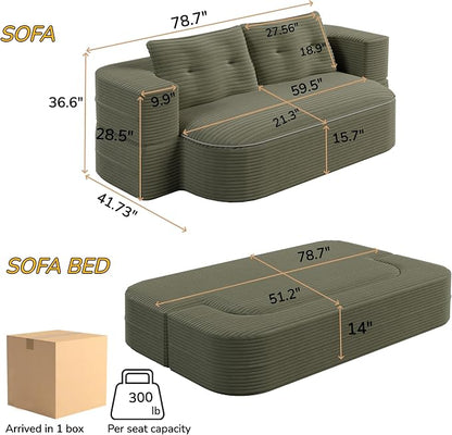 78.7" Futon Sofa Bed, 2-in-1 Foldable Sleeper Sofa, Convertible Floor Couch with Pillows, Corduroy Couch, Multi Functional Blanket, Upholstered Boneless Couches for Living Room, Forest Green