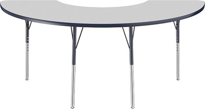 FDP Half Moon Activity School and Office Table (36 x 72 inch), Standard Legs with Swivel Glides for Collaborative Seating Environments, Adjustable Height 19-30 inches - Gray Top and Navy Edge