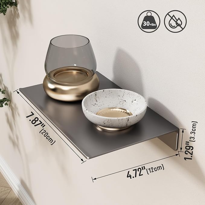 Danpoo 8 inch Gray Small Floating Shelf for Wall Organizer & Storage, Mini Display Shelf, Metal Wall Shelf for Bathroom, Living Room, Kitchen, Bedroom