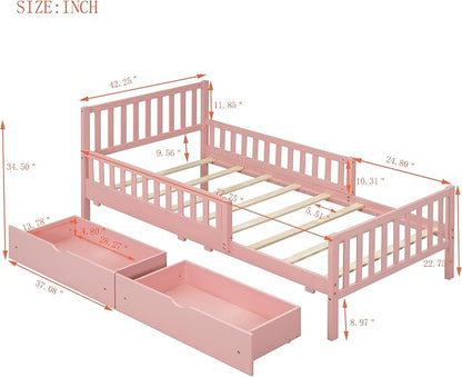 Kids Twin Size Bed Frame with Storage Drawers, Wood Twin Bed Frames for Kids, Twin Bed Frame with Headboard and Footboard for Boys Girls, No Box Spring Needed,Pink