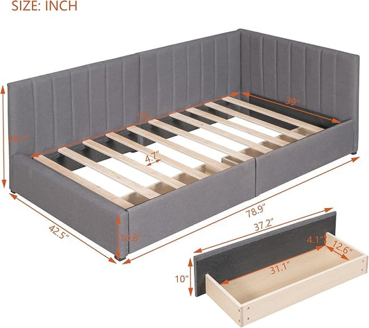 Merax Twin Size Upholstered Daybed with 2 Storage Drawers, Wooden Sofa Bed Frame, No Box Spring Needed, Linen Fabric, Gray