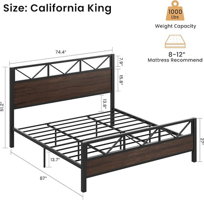 LIKIMIO California King Bed Frame, Tall Industrial Headboard 51.1 ", Platform Bed Frame with Strong Metal Support, Solid and Stable, Noise Free, No Box Spring Needed, Easy Assembly, Dark Brown