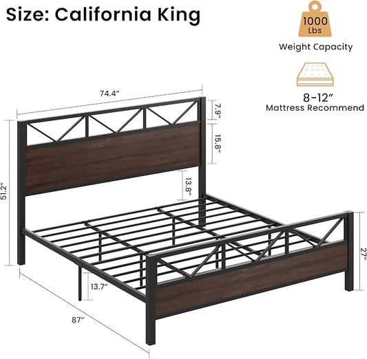 LIKIMIO California King Bed Frame, Tall Industrial Headboard 51.1 ", Platform Bed Frame with Strong Metal Support, Solid and Stable, Noise Free, No Box Spring Needed, Easy Assembly, Dark Brown