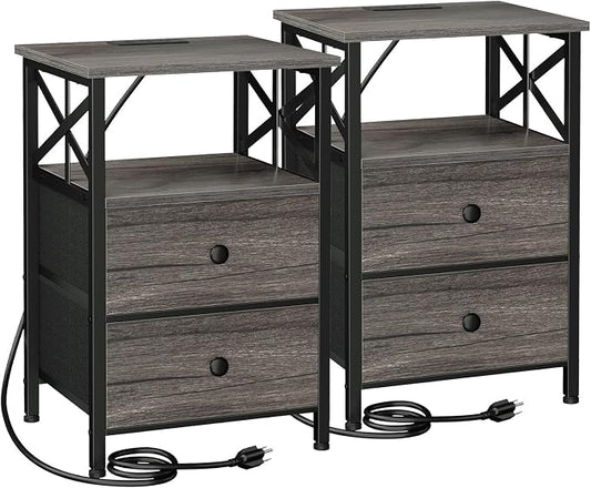 AMHANCIBLE Night Stand Set 2, Nightstand with Charging Station, Small Bedside Table with 2 Fabric Drawers, End Tables Living Room with USB C Ports for Bedroom, Dark Grey HET05XDG