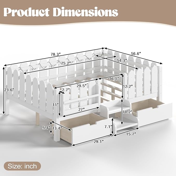 Bellemave Full Kids Montessori Bed with Stairs, Bookshelf and LED Lights, Solid Wood Kids Bed Frame with Storage Drawers for Boys Girls, Low Profile,White