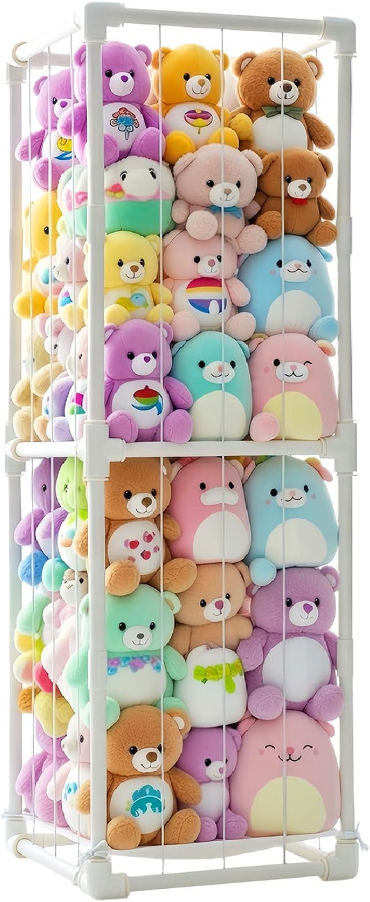 Large Stuffed Animal Storage Zoo Cage Holder, 19"x19"x56.3" Pre-Threaded Bungee Upgrade PVC Toy Organizers and Storage, Vertical Space Saving Plush Toys Zoo Holder, for Bedroom Playroom, White