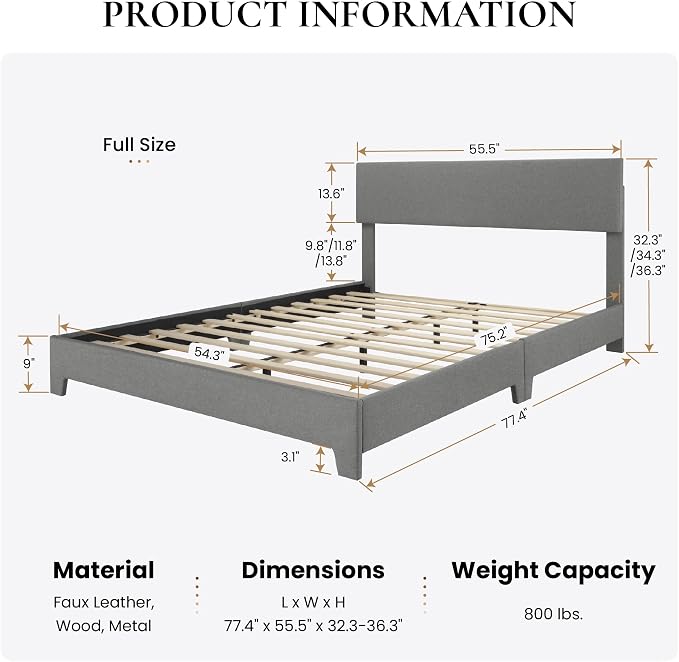 SHA CERLIN Linen Upholstered Full Size Bed Frame with Headboard, Light Gray | Adjustable Low-Profile Platform Bed, Minimalist Design, Stable Mattress Foundation, Strong Back-Support, No Box Spring Needed