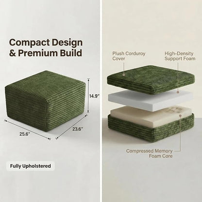 25.6 inch Plush Corduroy Ottoman, Modular Sectional Foot Rest for Living Room, Upholstered Cloud Ottoman for Boneless Couch in a Box, Compressed Memory Foam, No Assembly Require, Green