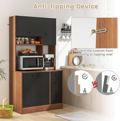 Giantex Kitchen Pantry, Buffet Hutch with 3 Storage Cabinet, 71'' Floor Large Cupboard with 3 Deep Drawers, Wide Countertop, Adjustable Shelves, Tall Sideboard (Walnut & Black)