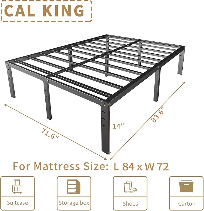HOBINCHE 14 Inch Metal California King Size Bed Frame No Box Spring Needed - Easy Assembly Heavy Duty Noise Free Bedframes - Double Black Basic Steel Slats Platform with Storage