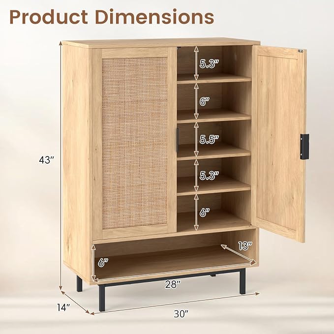 LOKO Shoe Storage Cabinet with 2 Doors, 6-Tier Rattan Shoe Organizer with Adjustable Shelves & Open Compartment, Freestanding Hidden Shoe Cabinet for Entryway, Closet & Living Room (Natural)